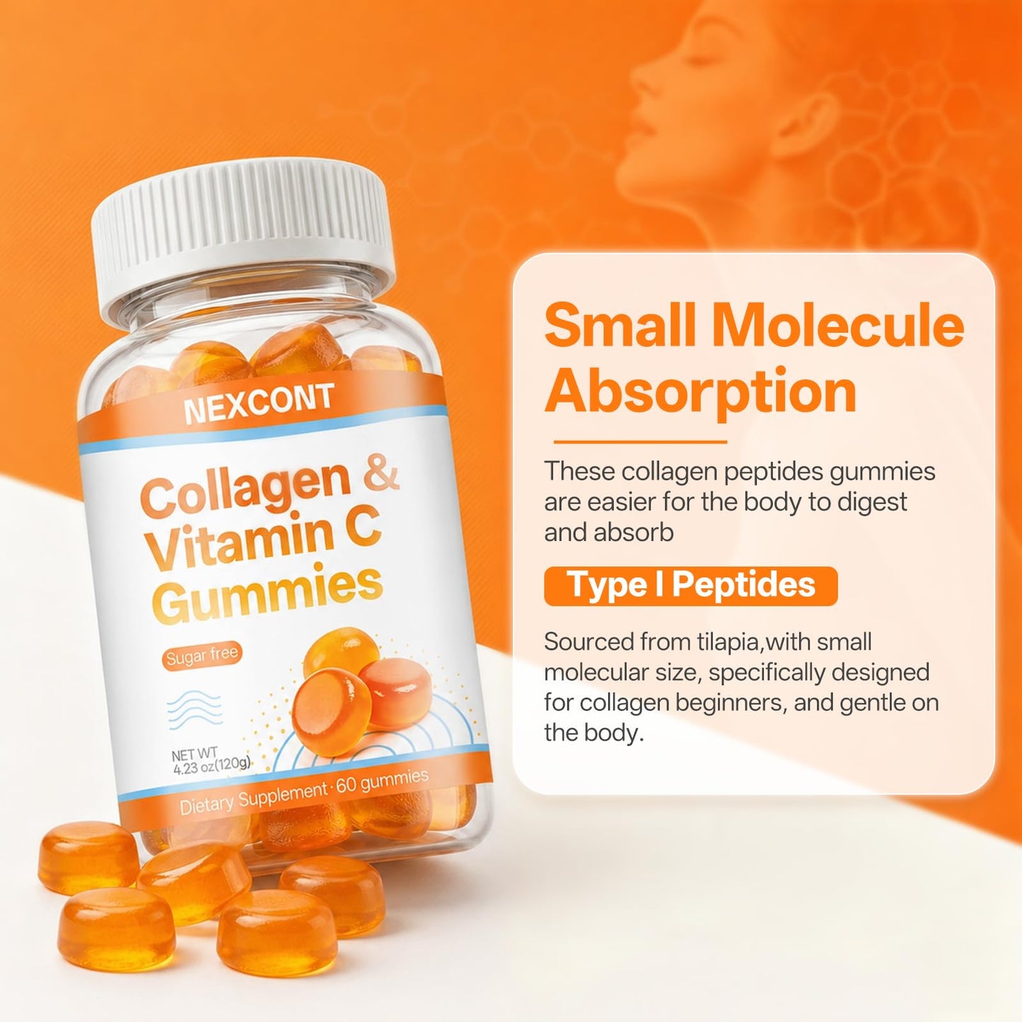 Oopeatol Collagen Gummies with Vitamin C & Type I Marine Peptides, 60 Count