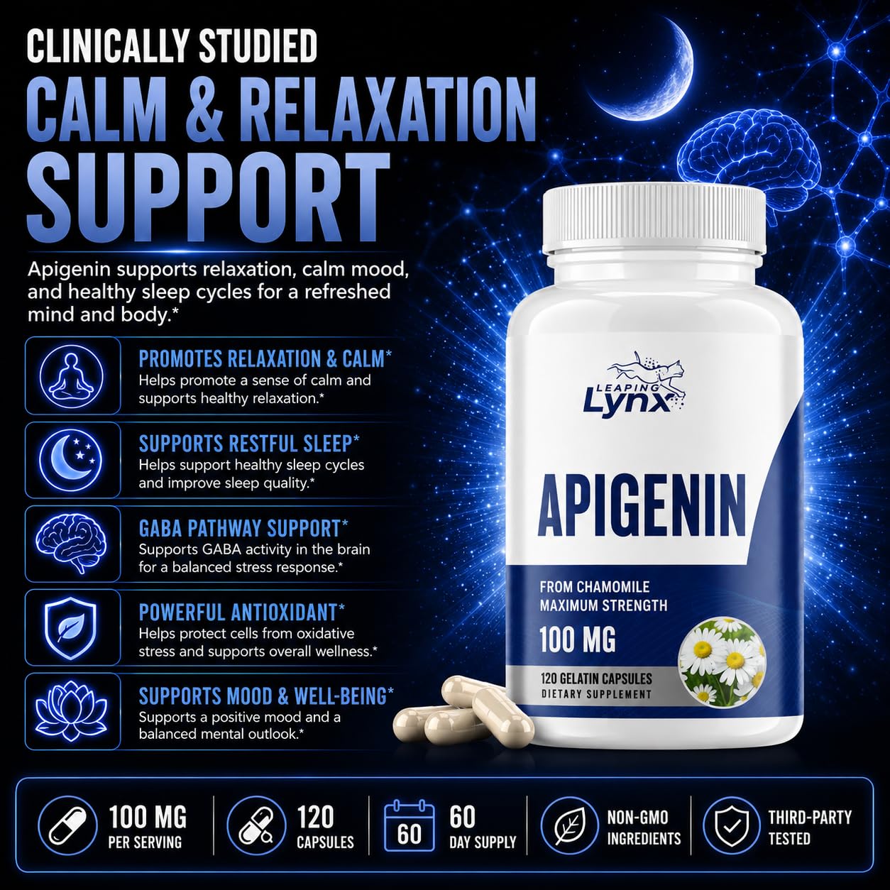 Leaping Lynx Apigenin 100 mg Per Serving (50 mg Per Capsule) Powder 12.5 oz