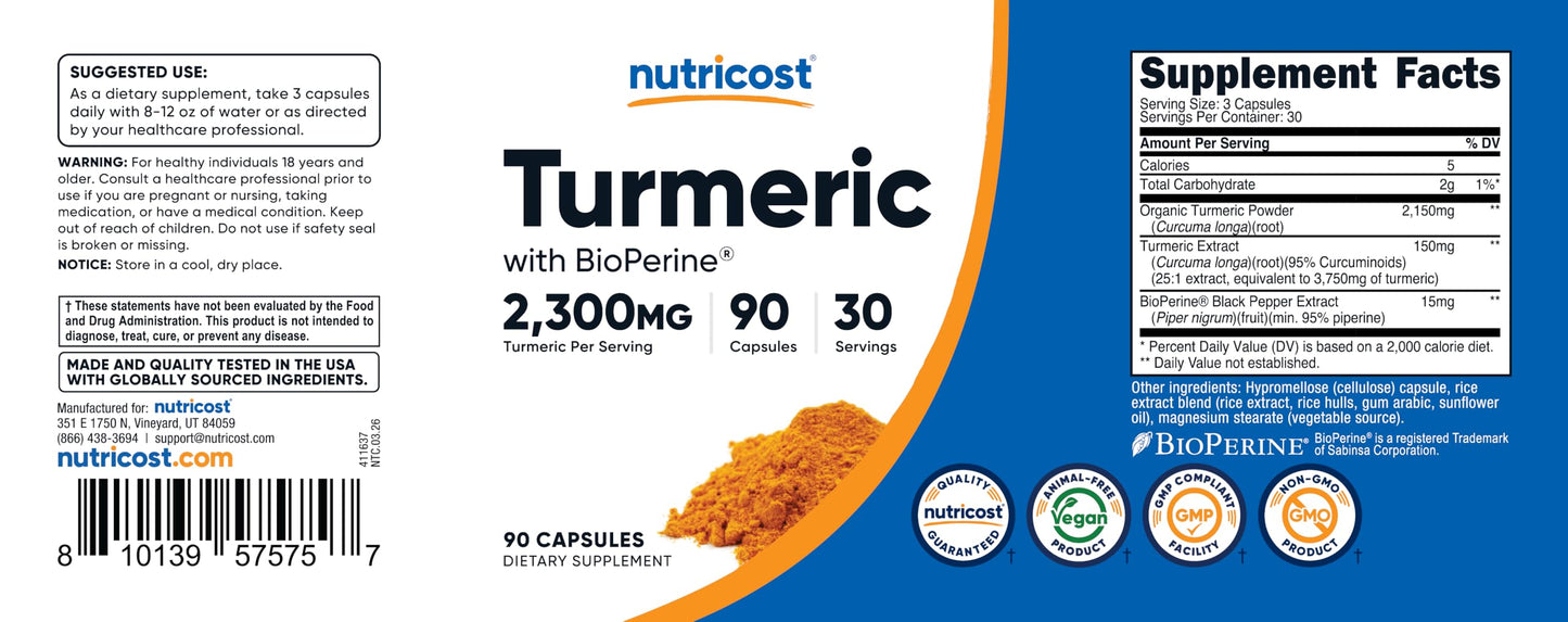 Nutricost Turmeric with BioPerine Capsules, 90 Count