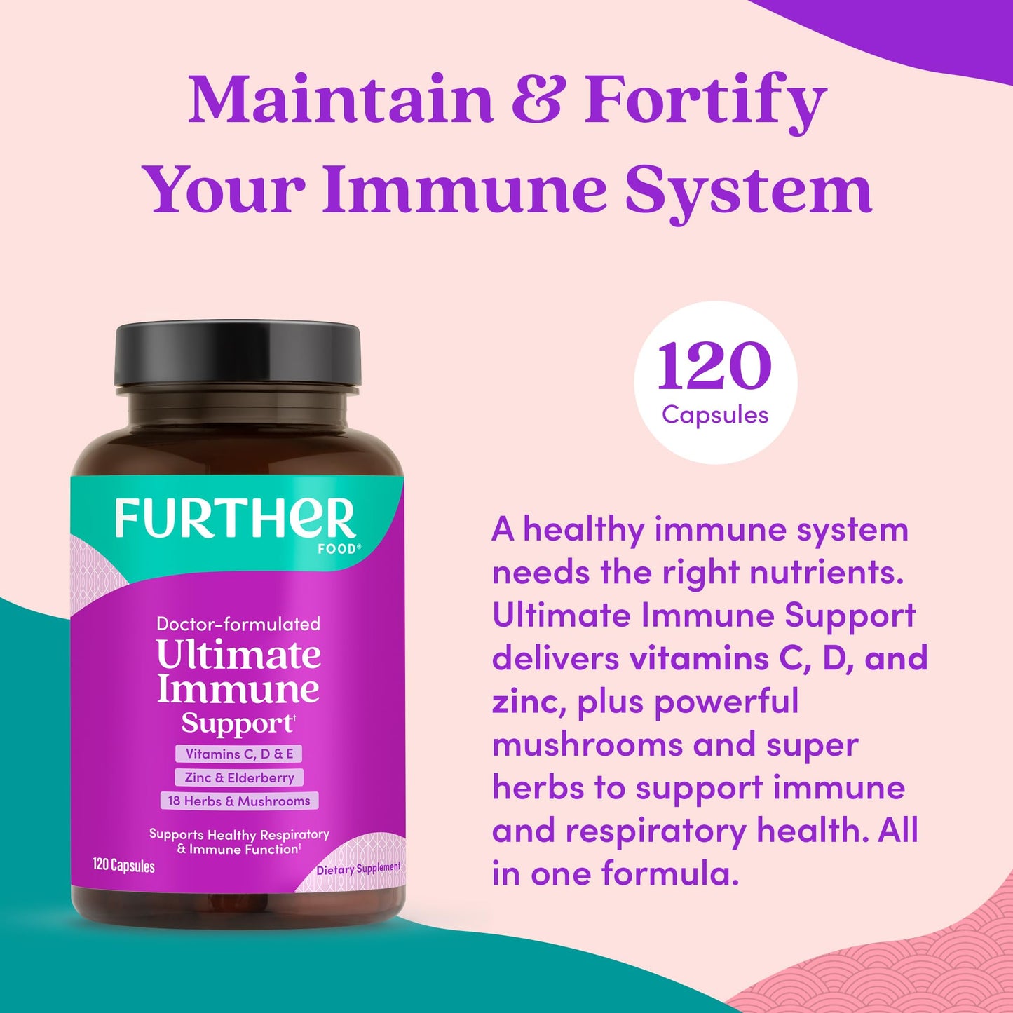 Further Food Ultimate Immune Support with Vitamins C, D, E & Zinc – Natural Herbal Supplement with Antioxidants for Immune & Respiratory Support, 120 Capsules