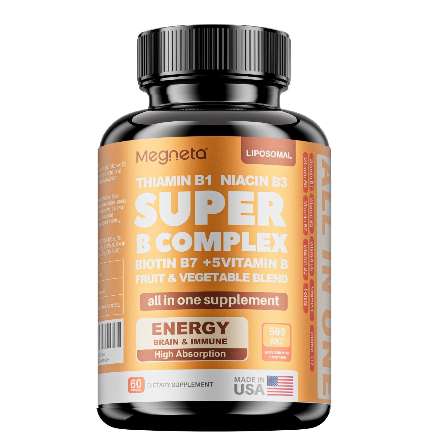 MEGNETA Vitamin B Complex for Men & Women - Fruit & Vegetable Blend, B-Complex with B1, B2, B3, B5, B6, B7, B12, Vitamin E & Folate, Energy, Brain & Heart Support, 60 Capsules