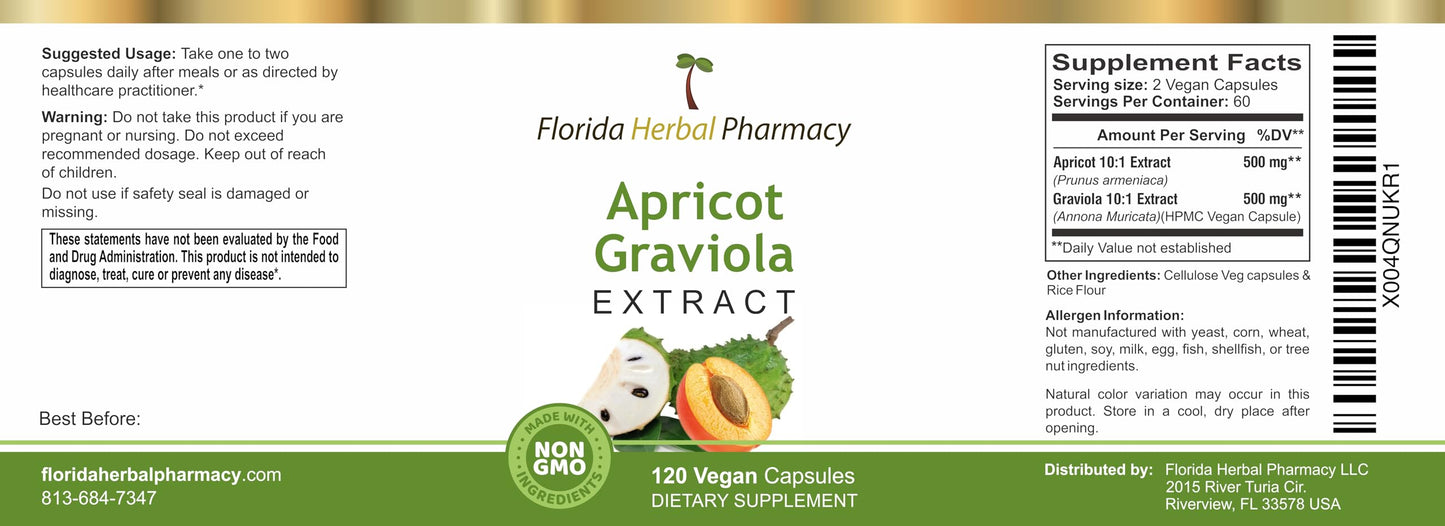 Florida Herbal Pharmacy Apricot-Graviola Supplement Capsules 10:1, 120 Capsules