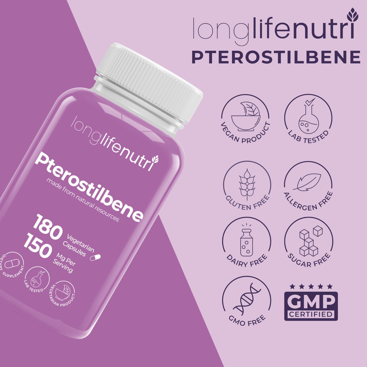 LongLifeNutri Pterostilbene Supplement 150mg Capsules, 180 Count