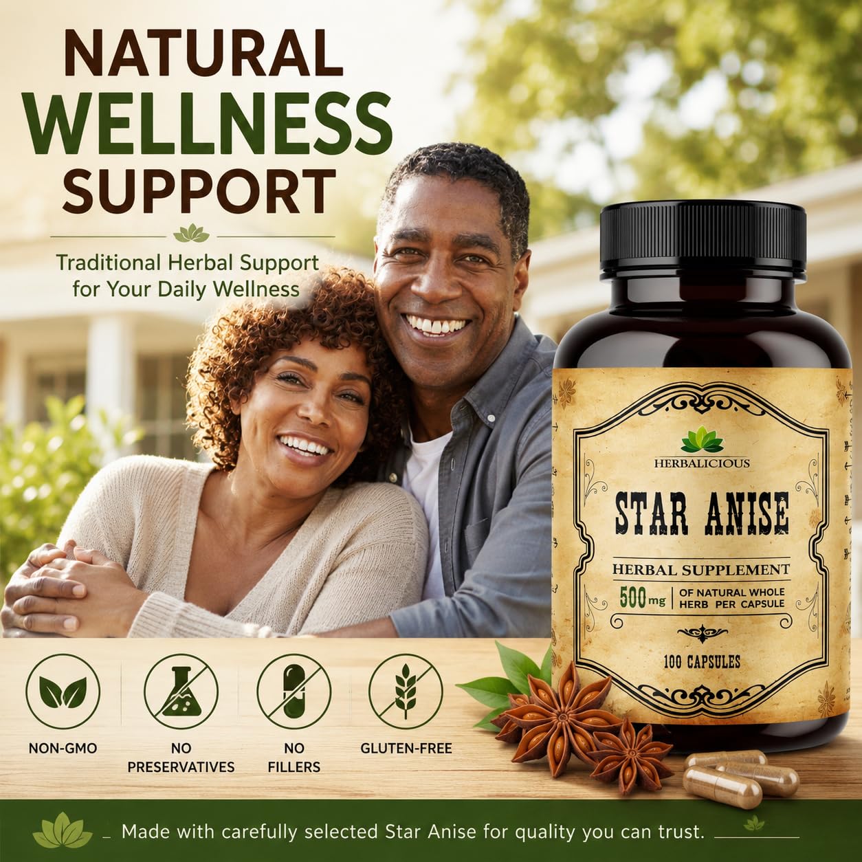 HERBALICIOUS Star Anise Supplement Organic (Illicium verum) 1000mg Capsules, 100 Count