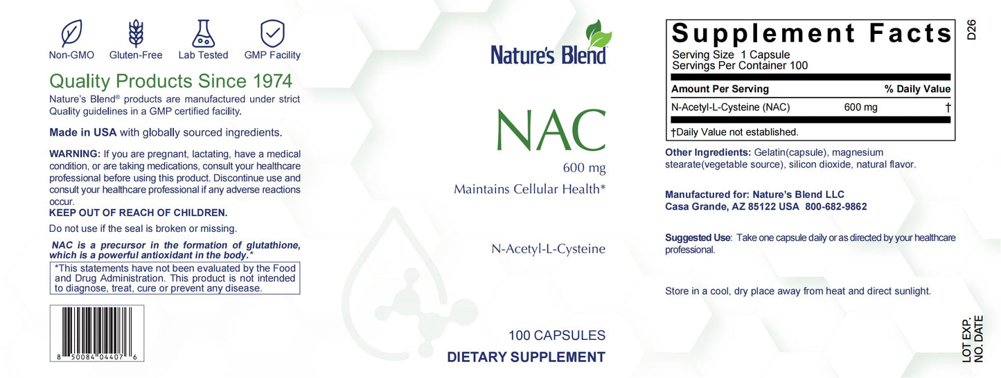 Nature's Blend NAC 600 mg N-Acetyl-L-Cysteine Capsule, 100 Capsules