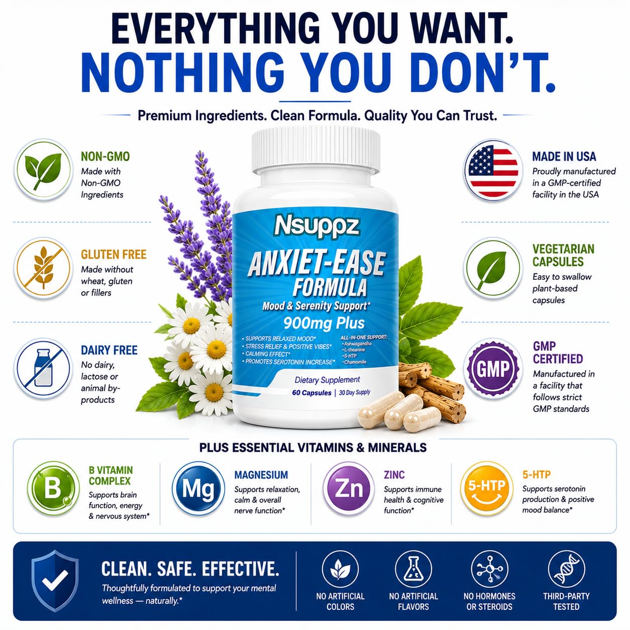 Global Creations Natural Mood & Serotonin Support - Nutrisuppz Anxiet-Ease Formula with Ashwagandha, L-Theanine, GABA, 5-HTP, Magnesium - 60 Capsules
