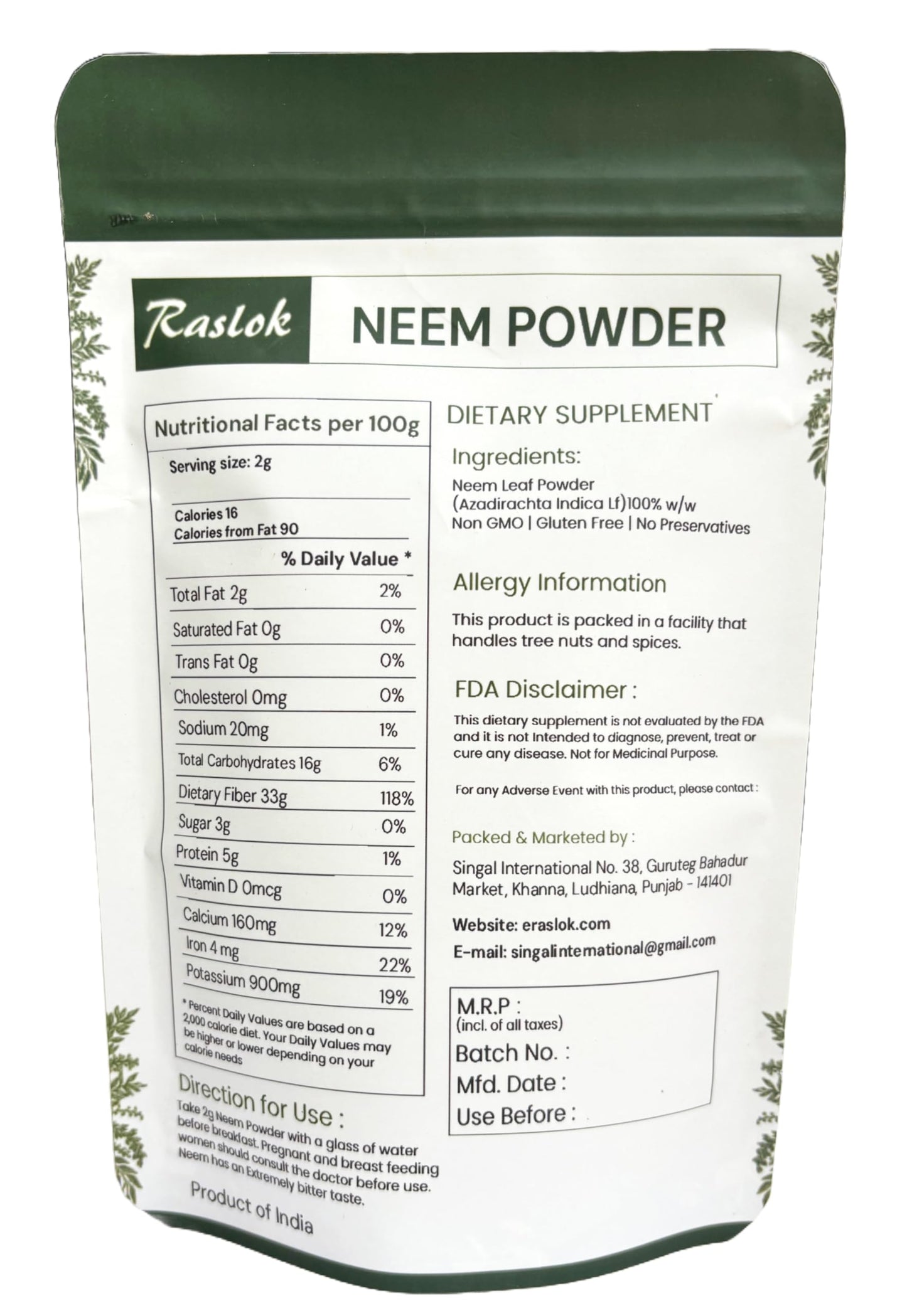 Raslok Neem Powder 3.52 Ounce
