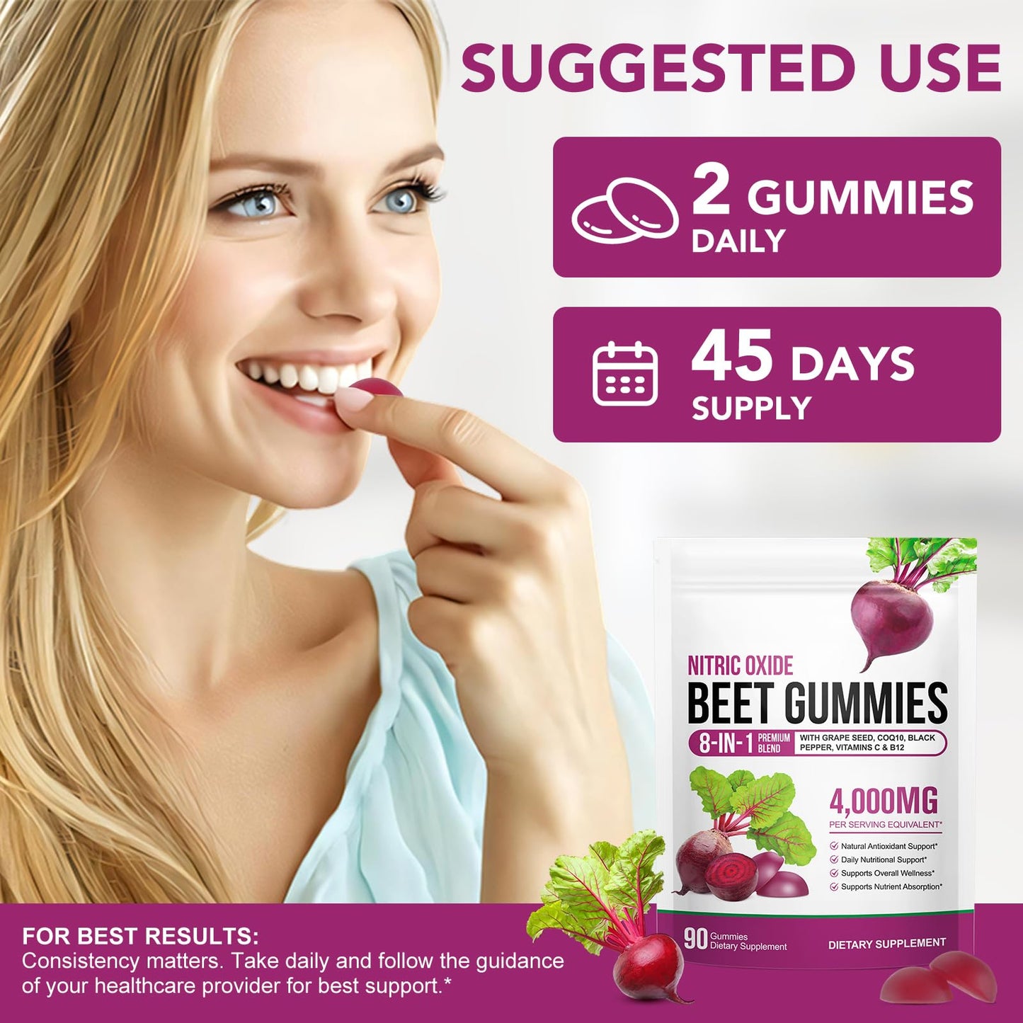 TAKNFDMY Beet Root Gummies 8 in 1 with CoQ10, Grape Seed, Vitamin C & B12 Sugar Free, 180 Gummies