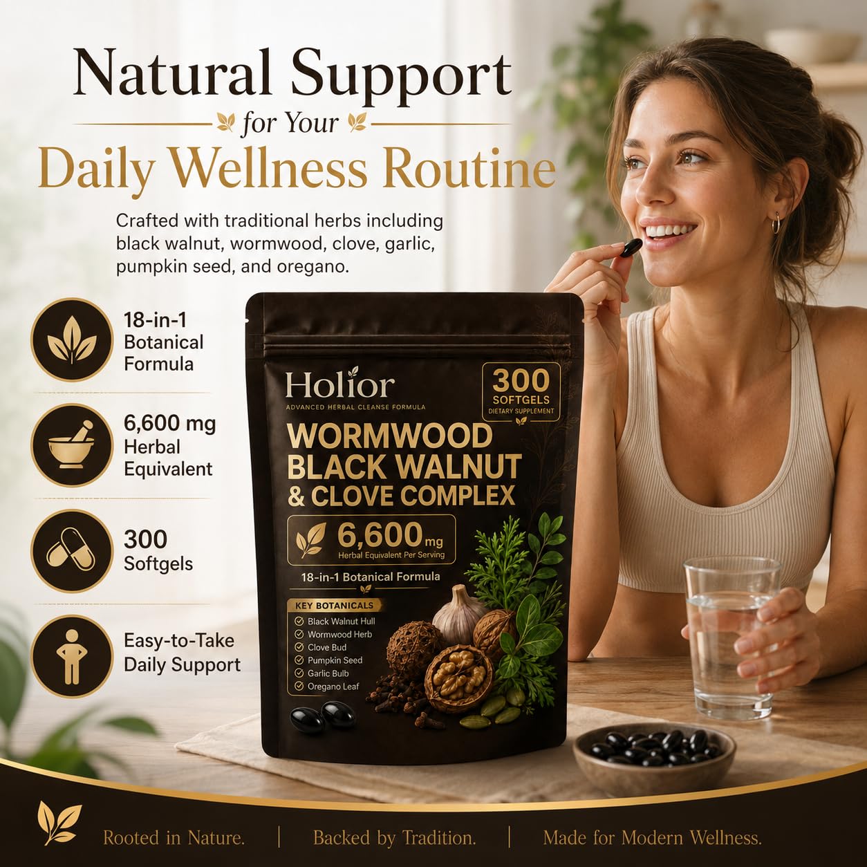 Holior Health Wormwood Black Walnut Cloves Digestive & Gut Balance Support Herbal Formula with Turmeric, Clove, Garlic, Pumpkin Seed & Oregano Softgel 300