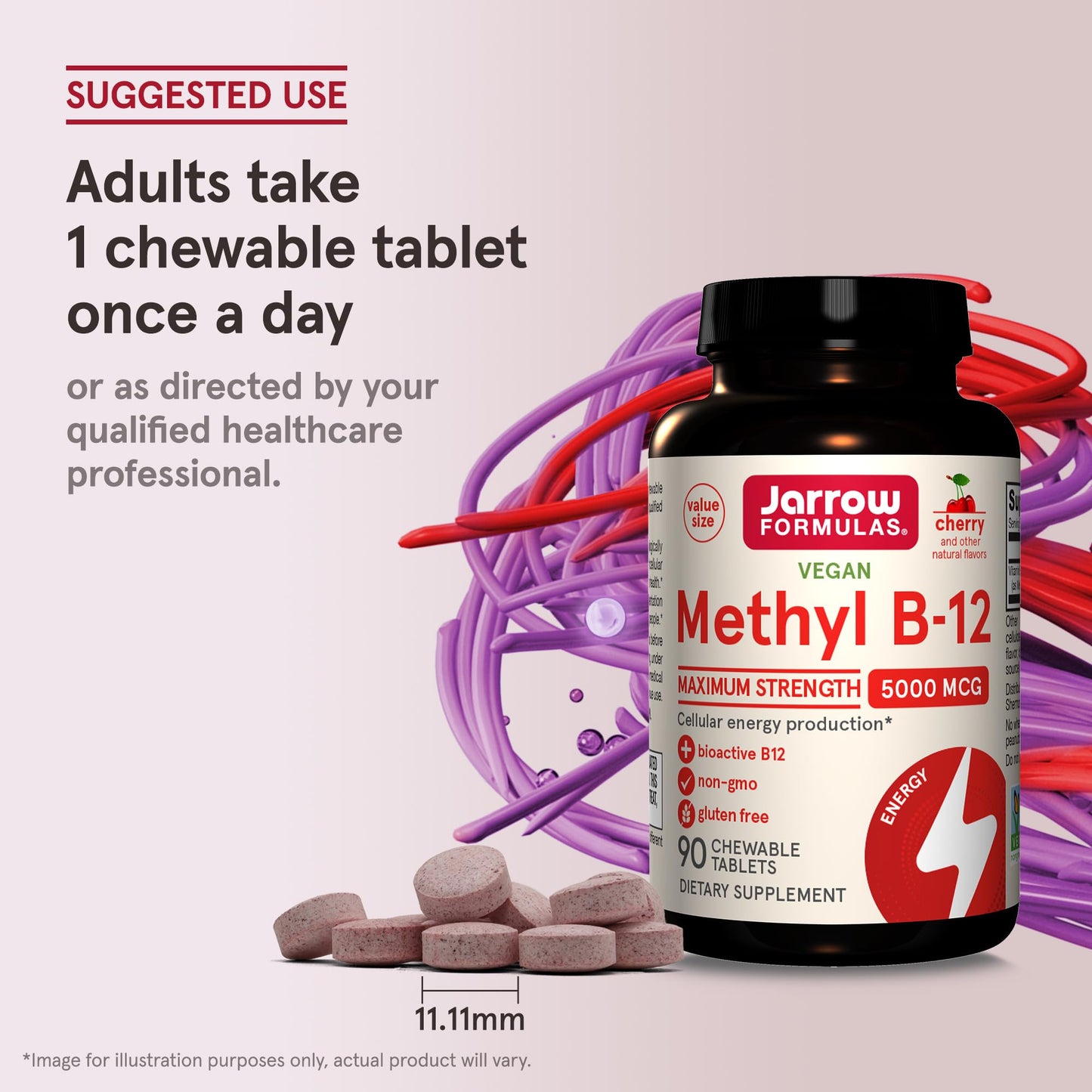 Jarrow Formulas Maximum Strength Methyl B-12 5000 mcg Dietary Supplement Cherry Chewable Tablets 1080 Count
