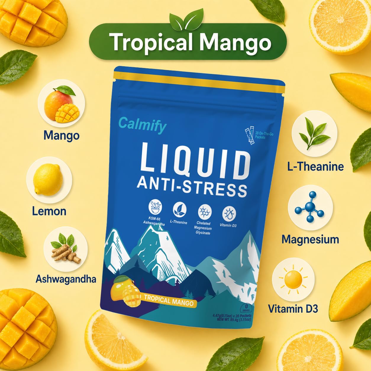 Calmify Liquid Anti Stress Cortisol Mango Powder 1 Ounce