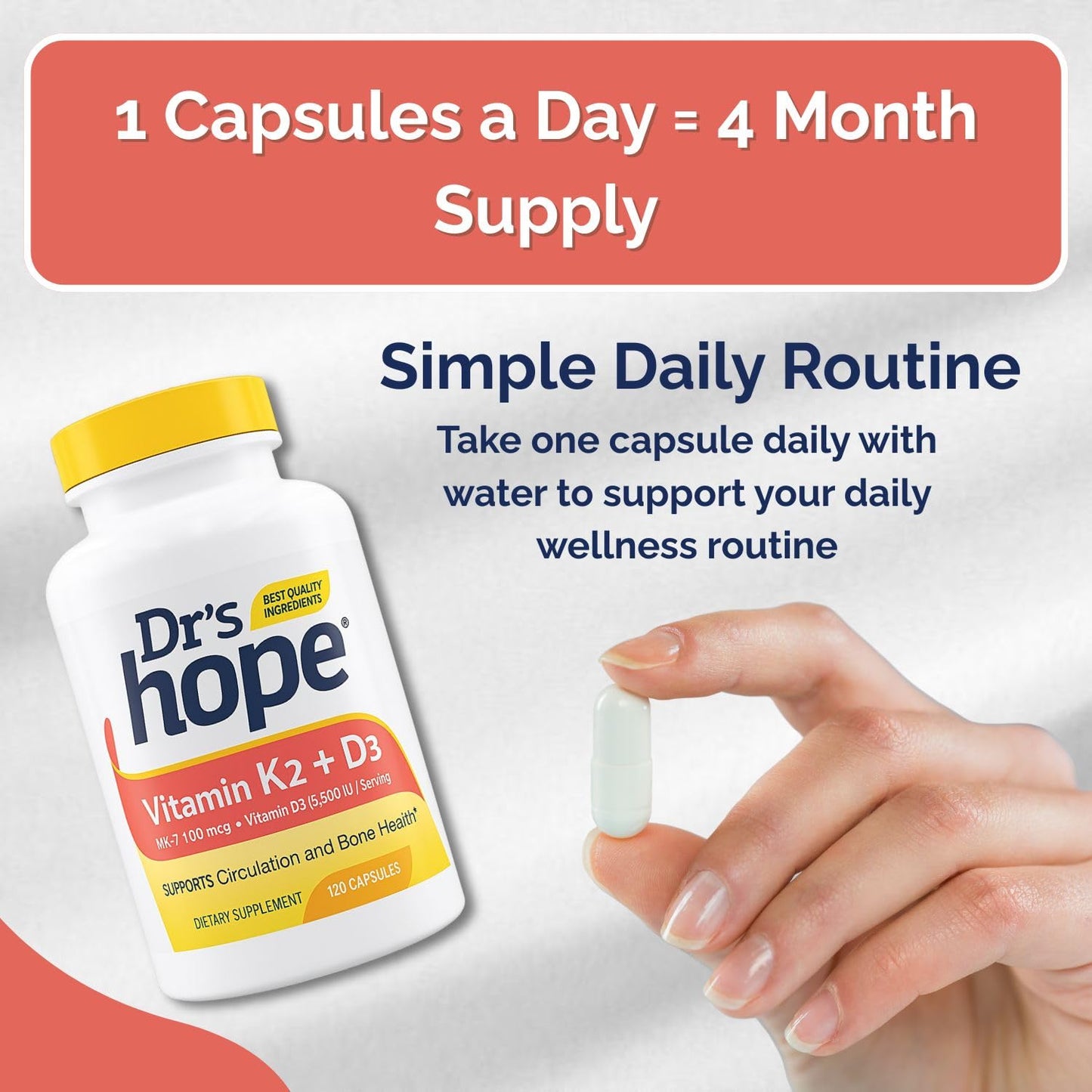 Dr’s Hope Vitamin K2 (MK-7) 100 mcg & Vitamin D3 125 mg (5000 IU) Supplement - Advanced Bone & Immune Support Formula - 120 Capsules