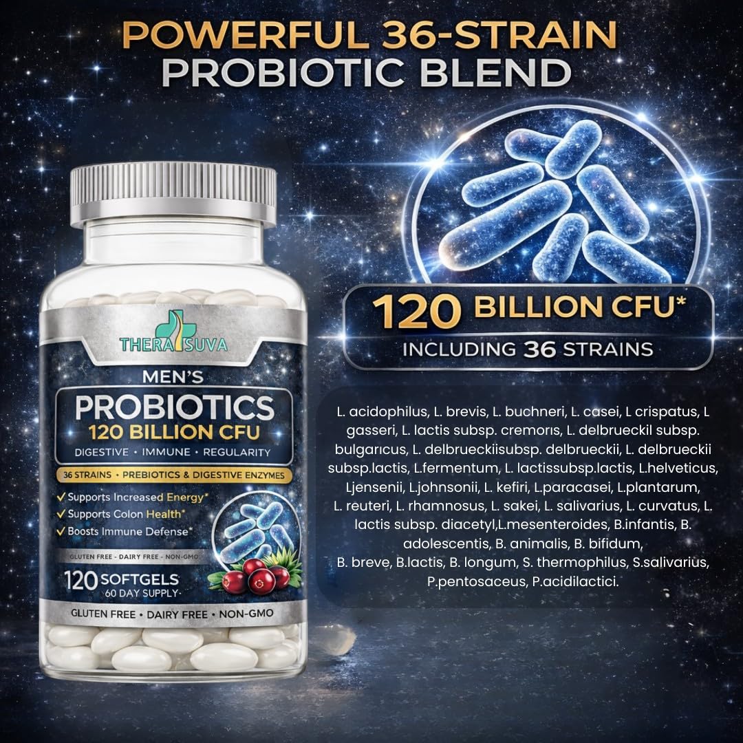 TheraSuva Men's Advanced Probiotics 120 Billion CFU - 36 Strains + Prebiotics, Enzymes & Veggie Blend for Gut, Immune & Colon Health, 120 Softgels