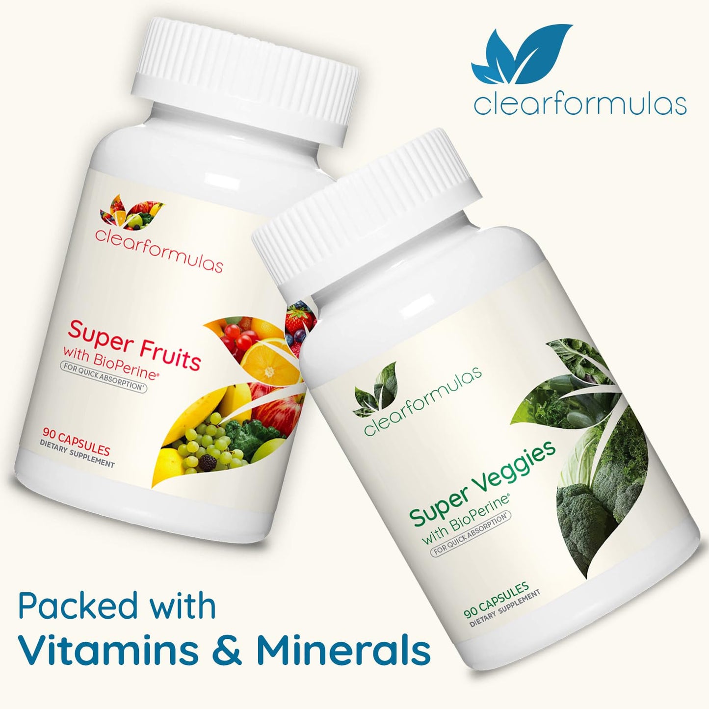 Clear Formulas Daily Fruit and Veggies Supplement for Adults - Super Fruits and Vegetables Supplement with 37 Different Super Foods for Overall Health Wellness and Immune Support - Non-GMO and Vegan Capsules 90
