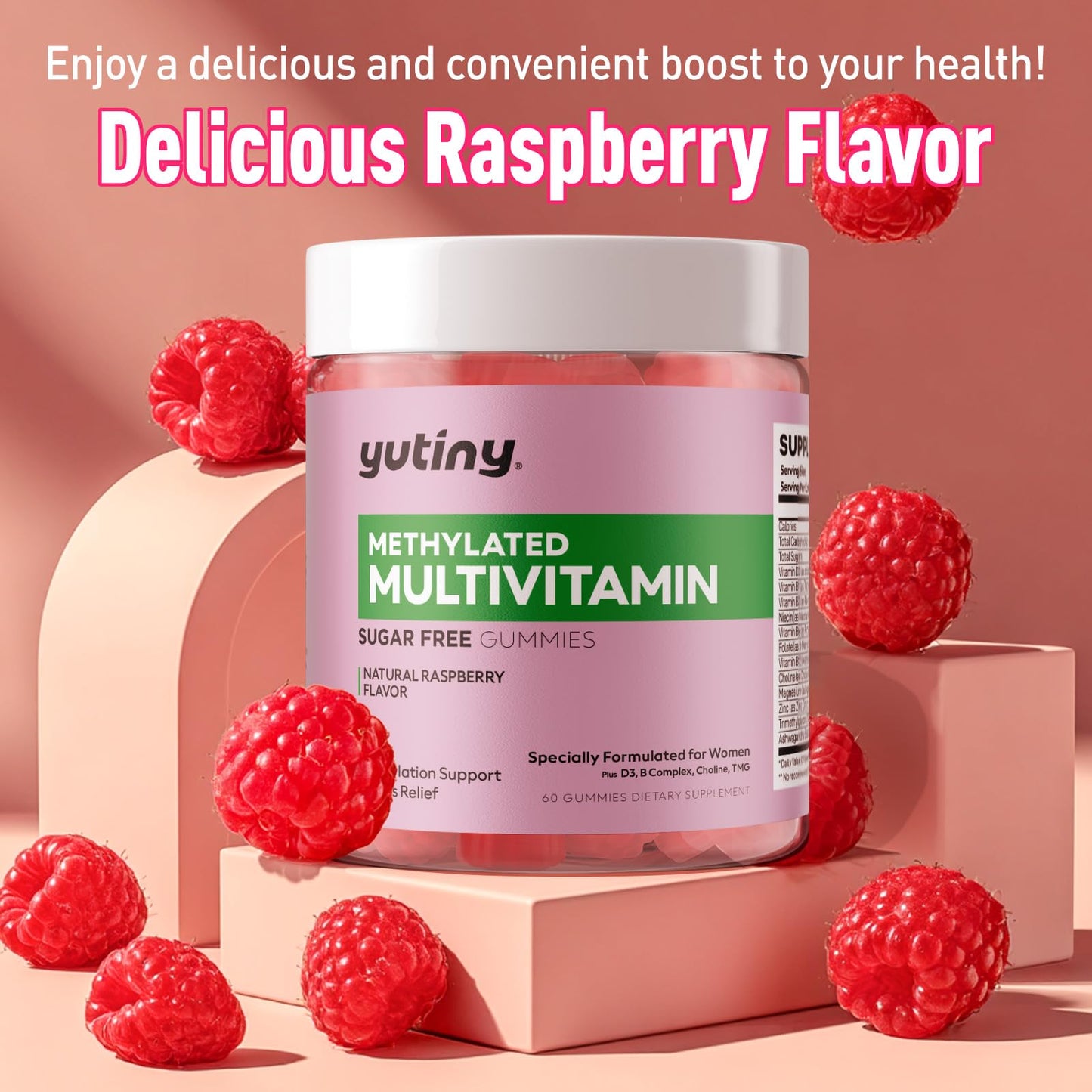 Yutiny Methylated Multivitamin for Women Gummies, Methyl B Complex Vitamins with D3 Zinc Choline TMG for Energy & Nervous System, Vegan, Sugar Free, 60 Gummies