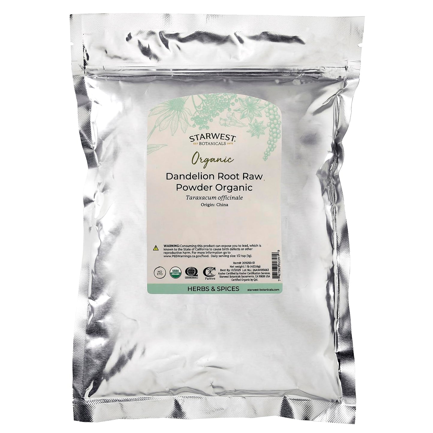 Starwest Botanicals Organic Dandelion Root Raw Powder, 16 Ounce