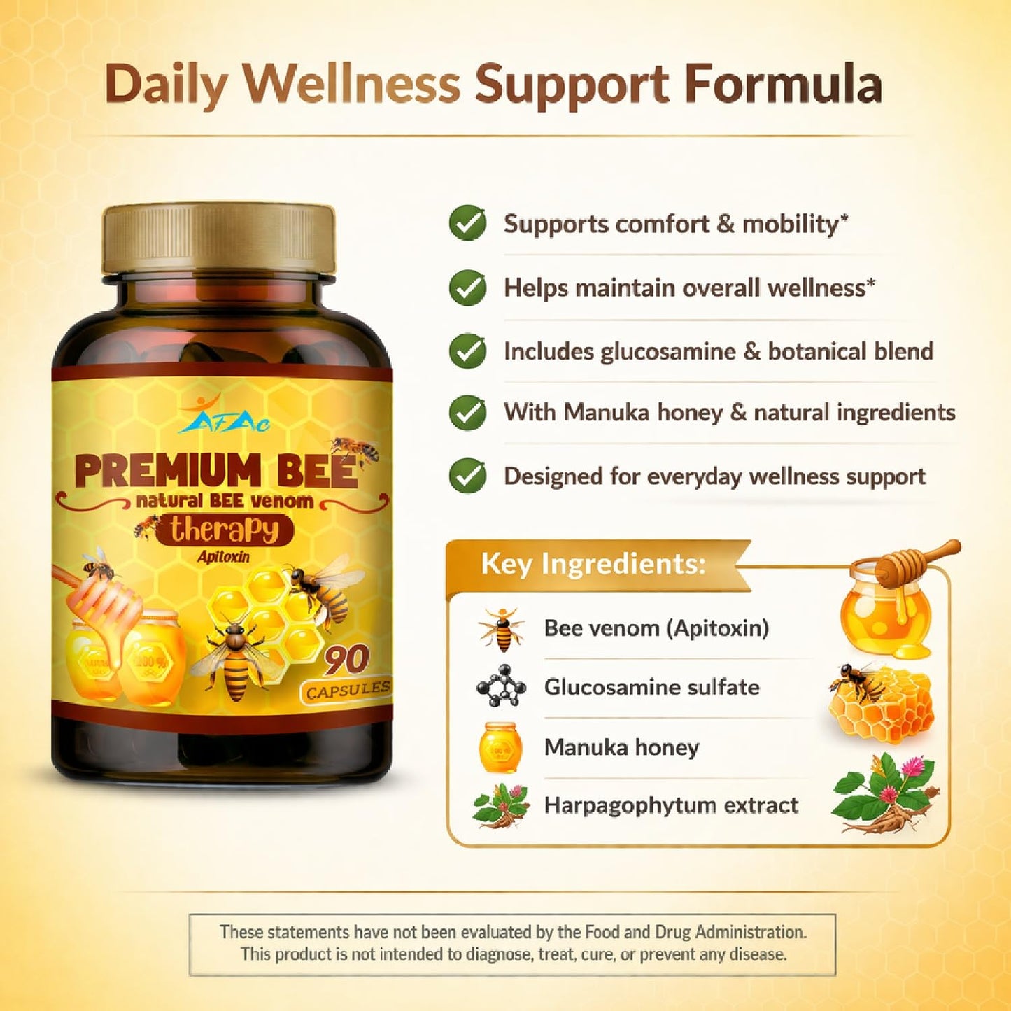 VITAMISAN Bee Venom with Glucosamine Sulfate and Manuka Honey Capsules, 90 Count