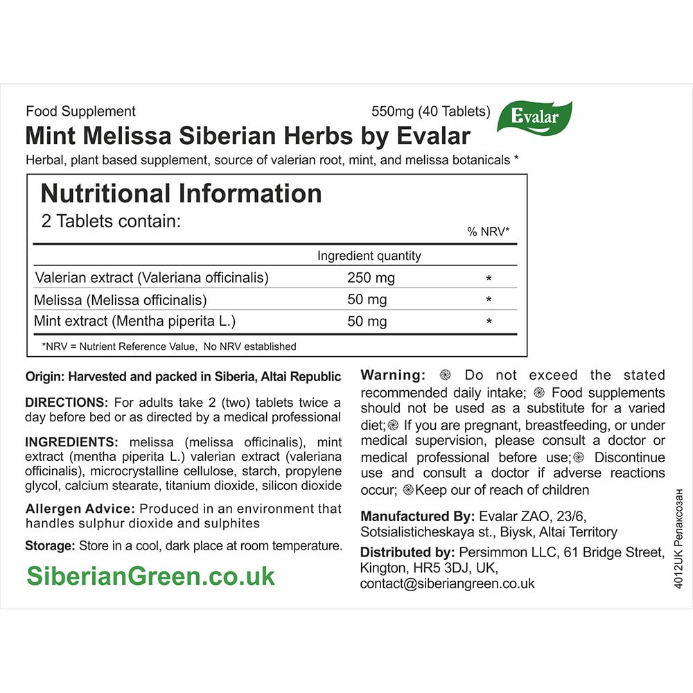 Evalar Melissa Mint Siberian Herbs Relaksozan Tablets, 40 Count