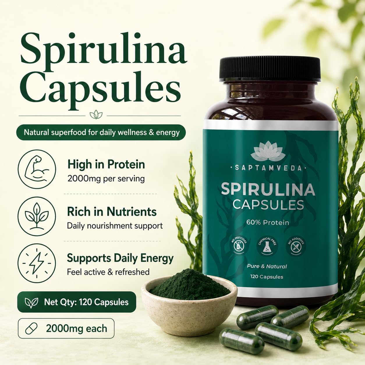 SAPTAMVEDA Saptamved Natural Spirulina 2000mg, 120 Capsules