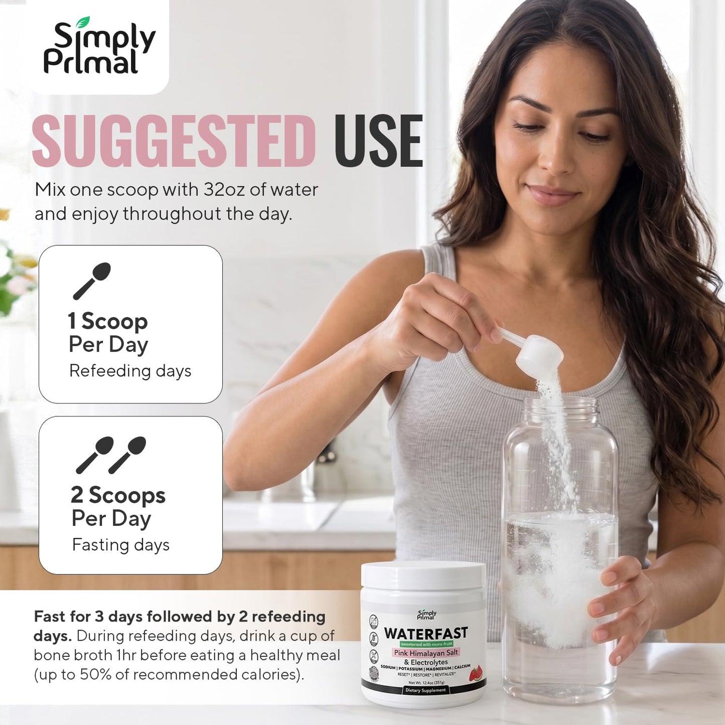 Simply Primal WATERFAST Monk Fruit Keto Electrolyte Powder for Fasting and Hydration - Strawberry Watermelon Flavor, Sugar Free, 12.4 Ounce