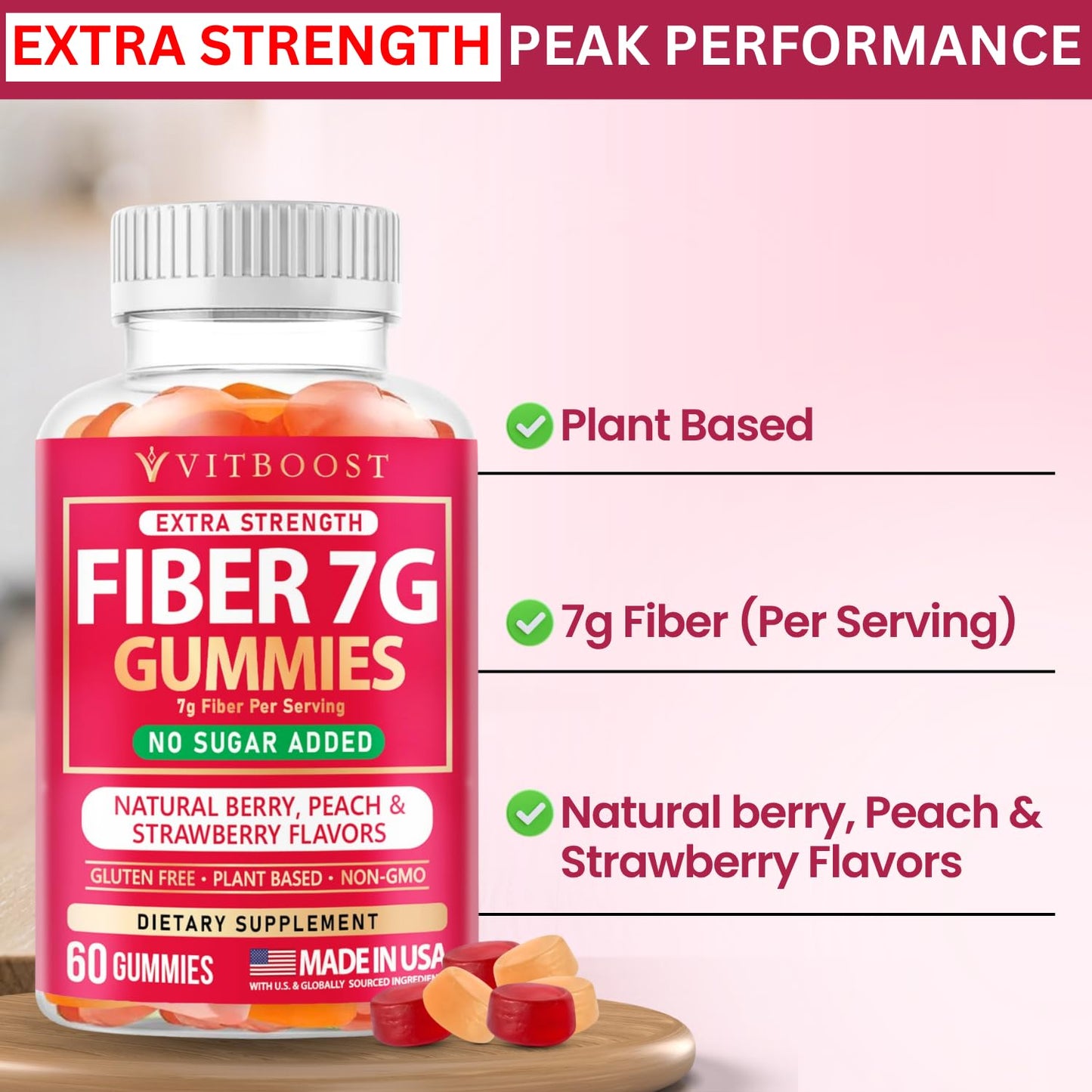 VITBOOST Fiber Gummies for Adults 7g Digestive Health & Regularity, 60 Gummies