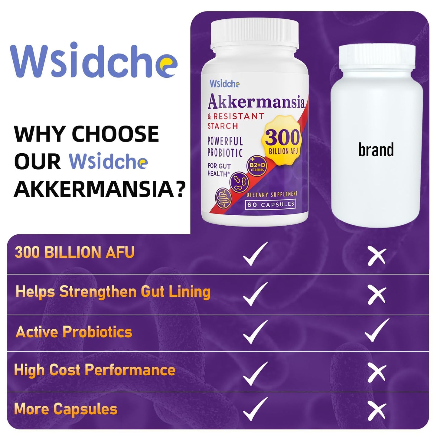 Wsidche 300 Billion AFU Akkermansia Probiotic Capsules, 120 Count