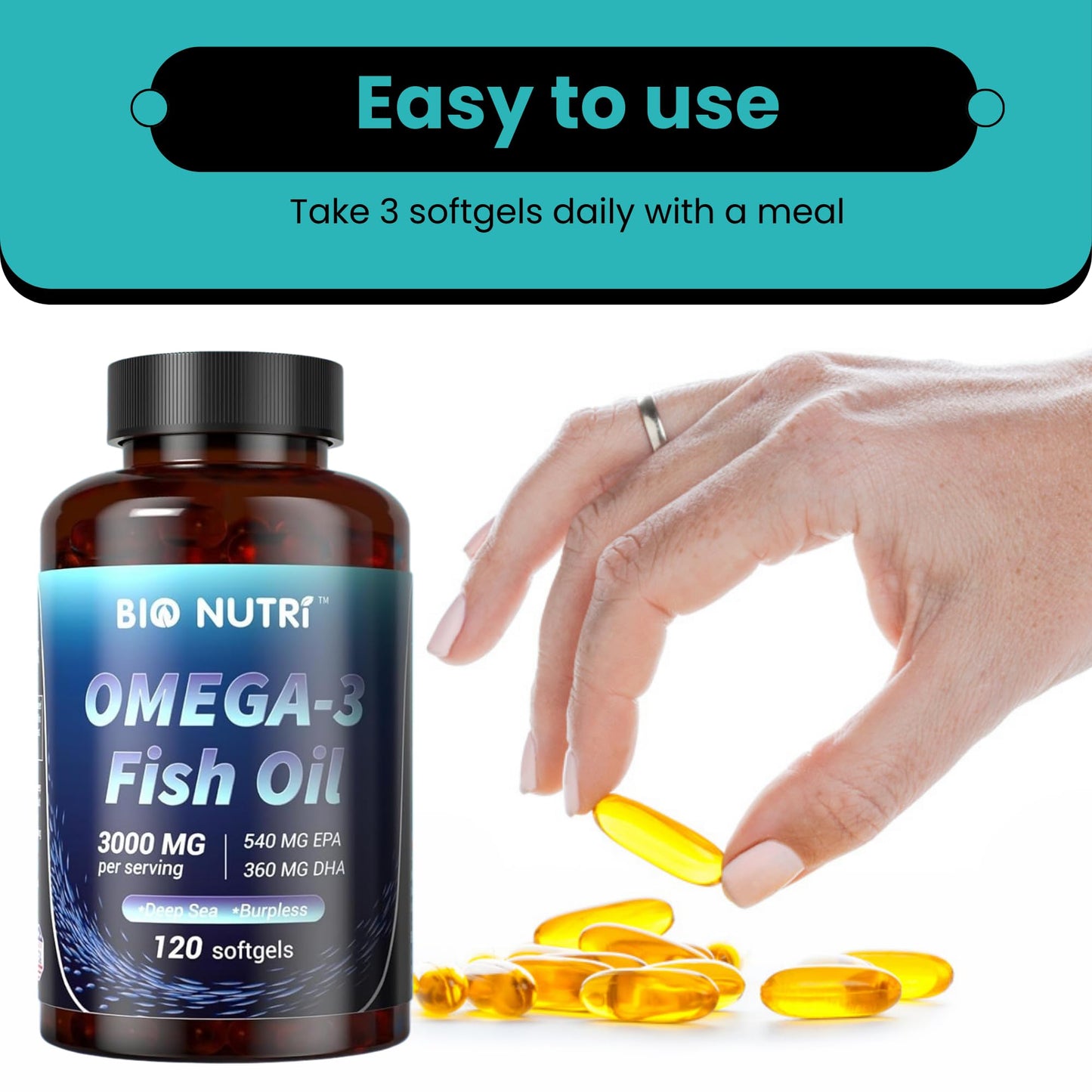 BIO NUTRI Fish Oil Omega 3 3000mg EPA DHA Softgel 1 Count