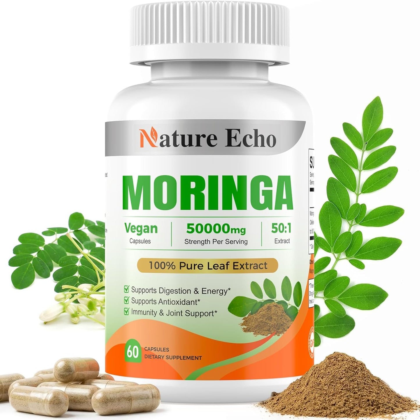 Nature Echo Moringa Capsules 1000mg 50:1 High Potency Extract, Vegan, Non-GMO, Gluten Free, 120 Capsules