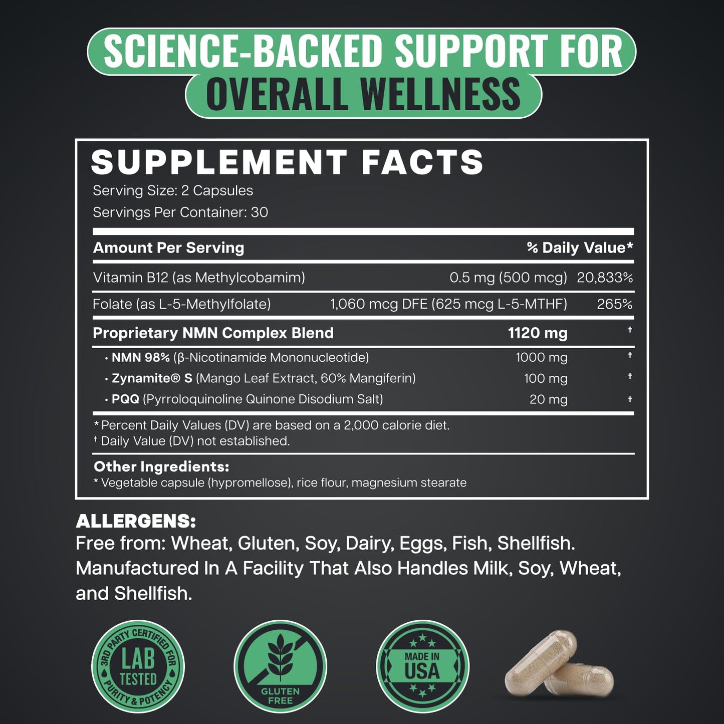 Benevolent Nourishment Advanced NMN Supplement 1000mg (98% Purity) Capsules, 60 Count
