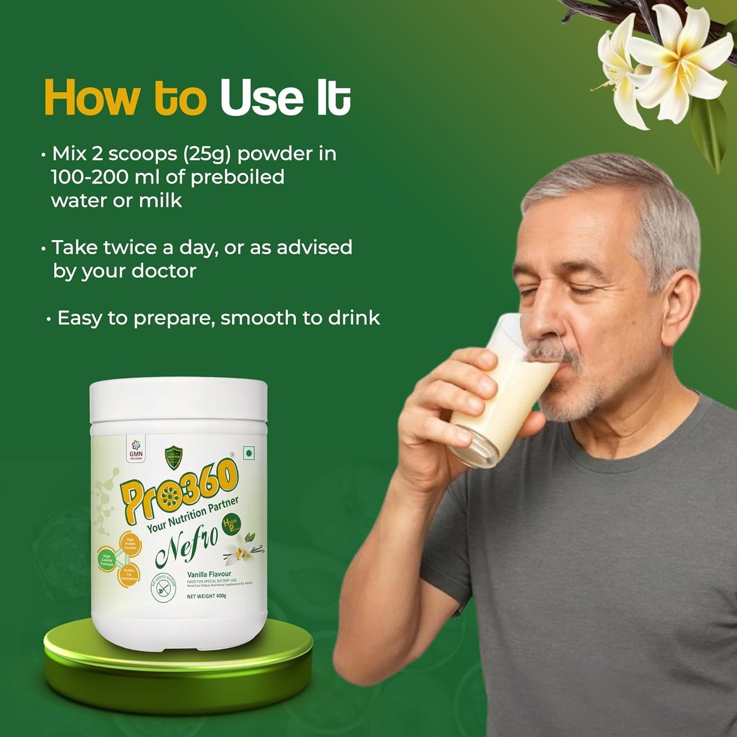Generic NEF_ro HP Powder Vanilla Flavour, 400g – High Protein Dialysis Care Nutritional Supplement for Renal Support – Vanilla Protein Powder with L-Taurine, L-Carnitine & Essential Nutrients