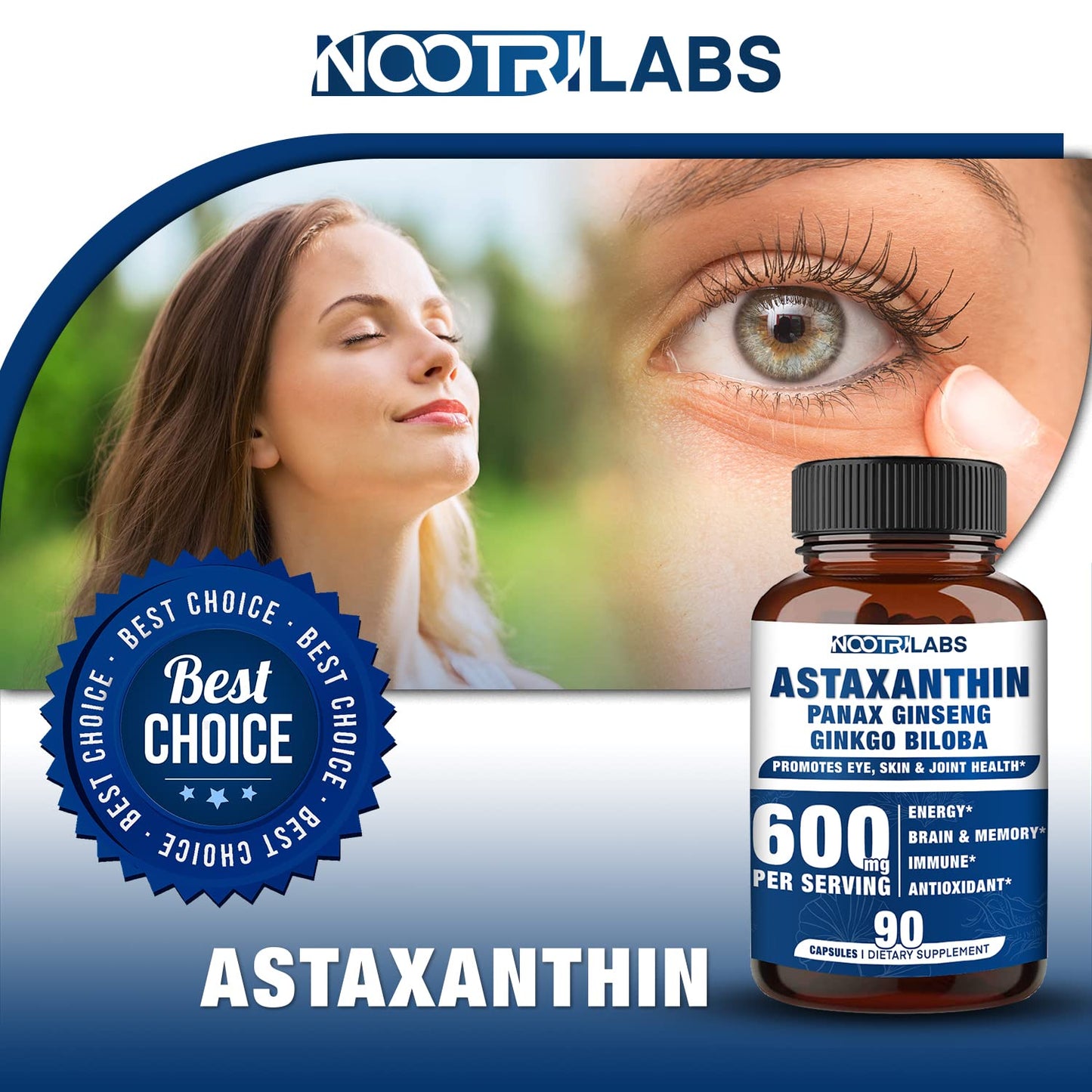 Nootrilabs Naturals Astaxanthin 15mg + Panax Ginseng, Ginkgo Biloba Capsules, 90 Count