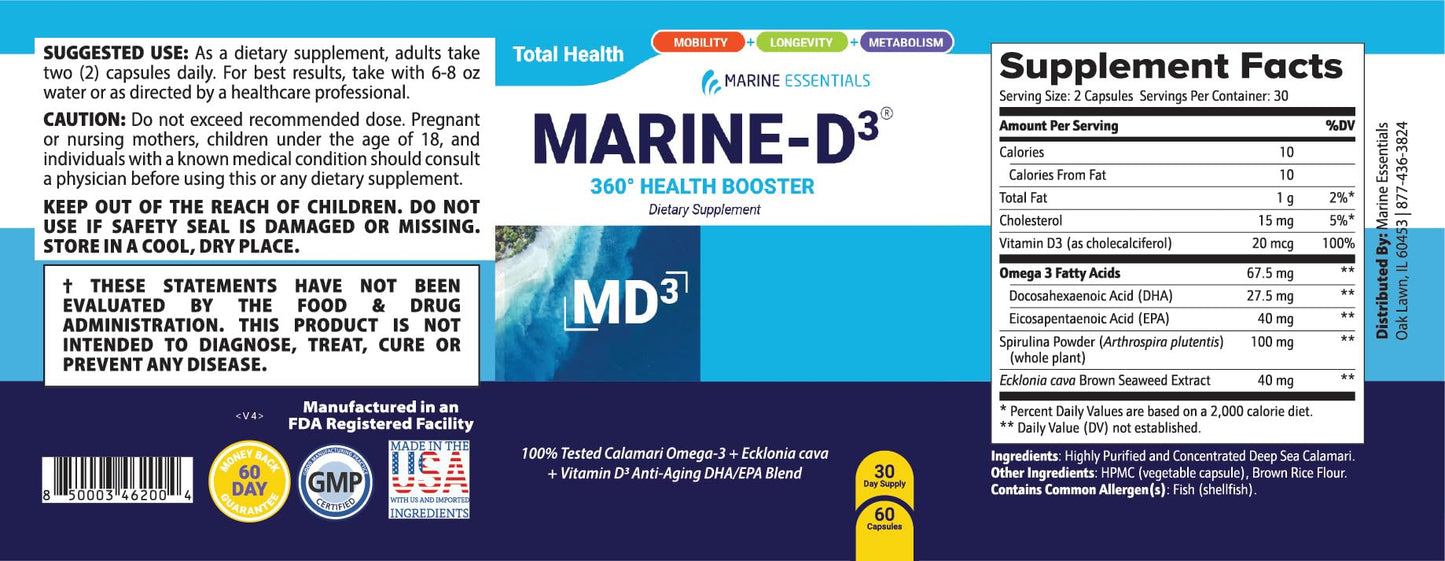 Marine Essentials Marine D3 Omega 3 Calamari Ecklonia Cava DHA Capsule 1 Count