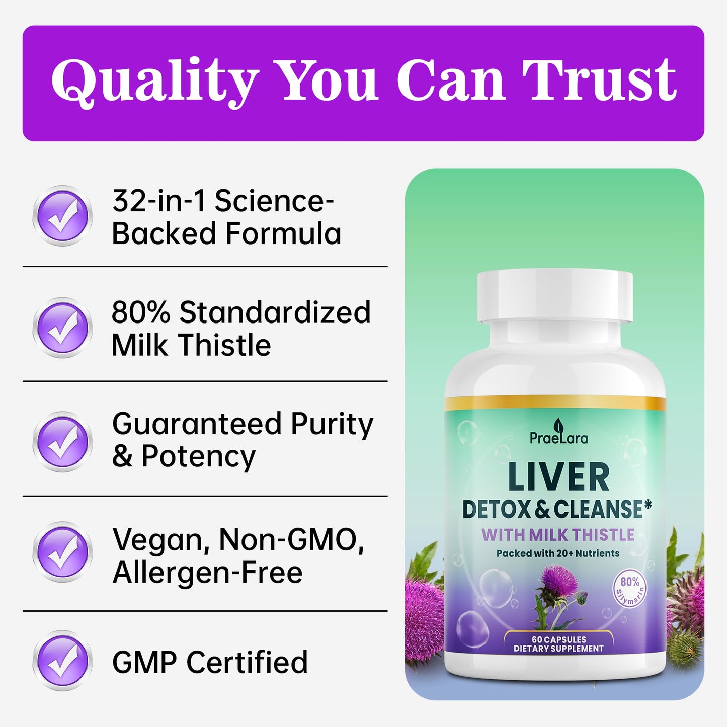 PRAELARA 32-in-1 Liver Cleanse Detox & Repair Capsules, 60 Capsules