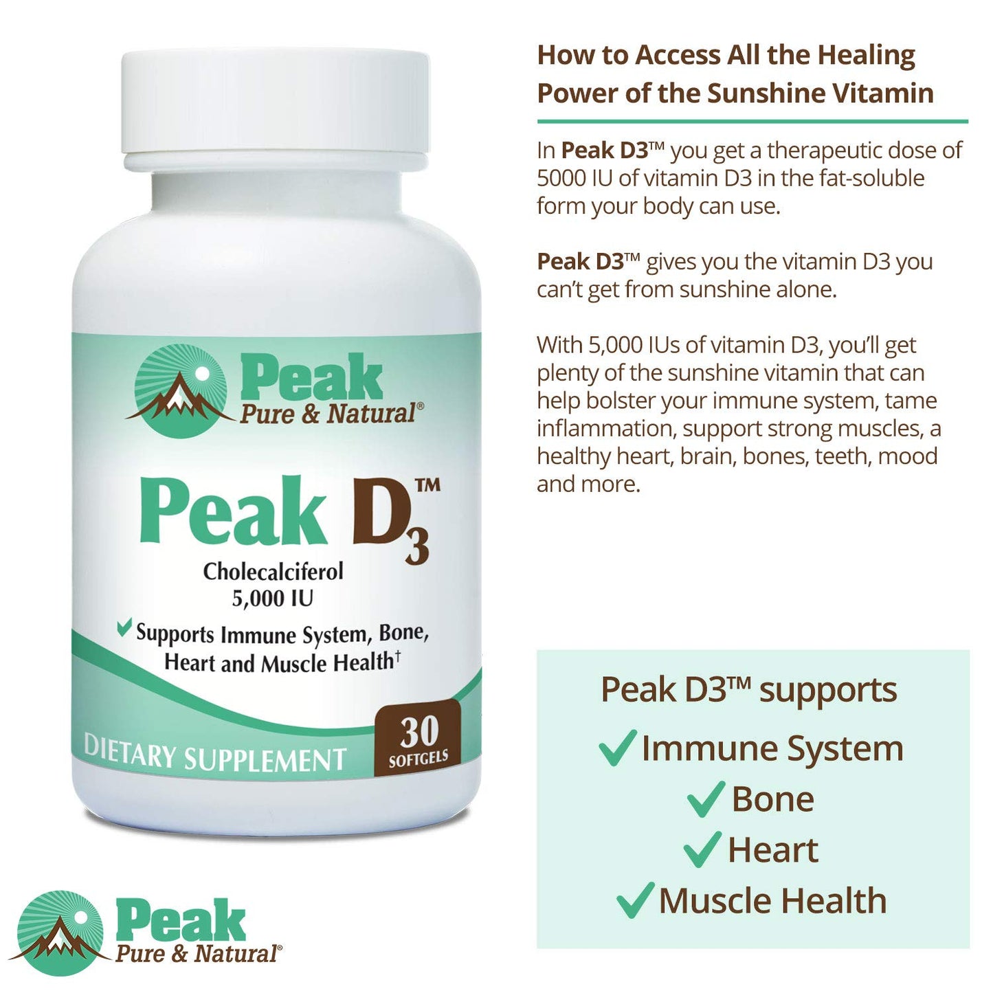 Peak Pure & Natural Peak D3 - Calciferol Vitamin D3 5,000 IU, 30 Capsules