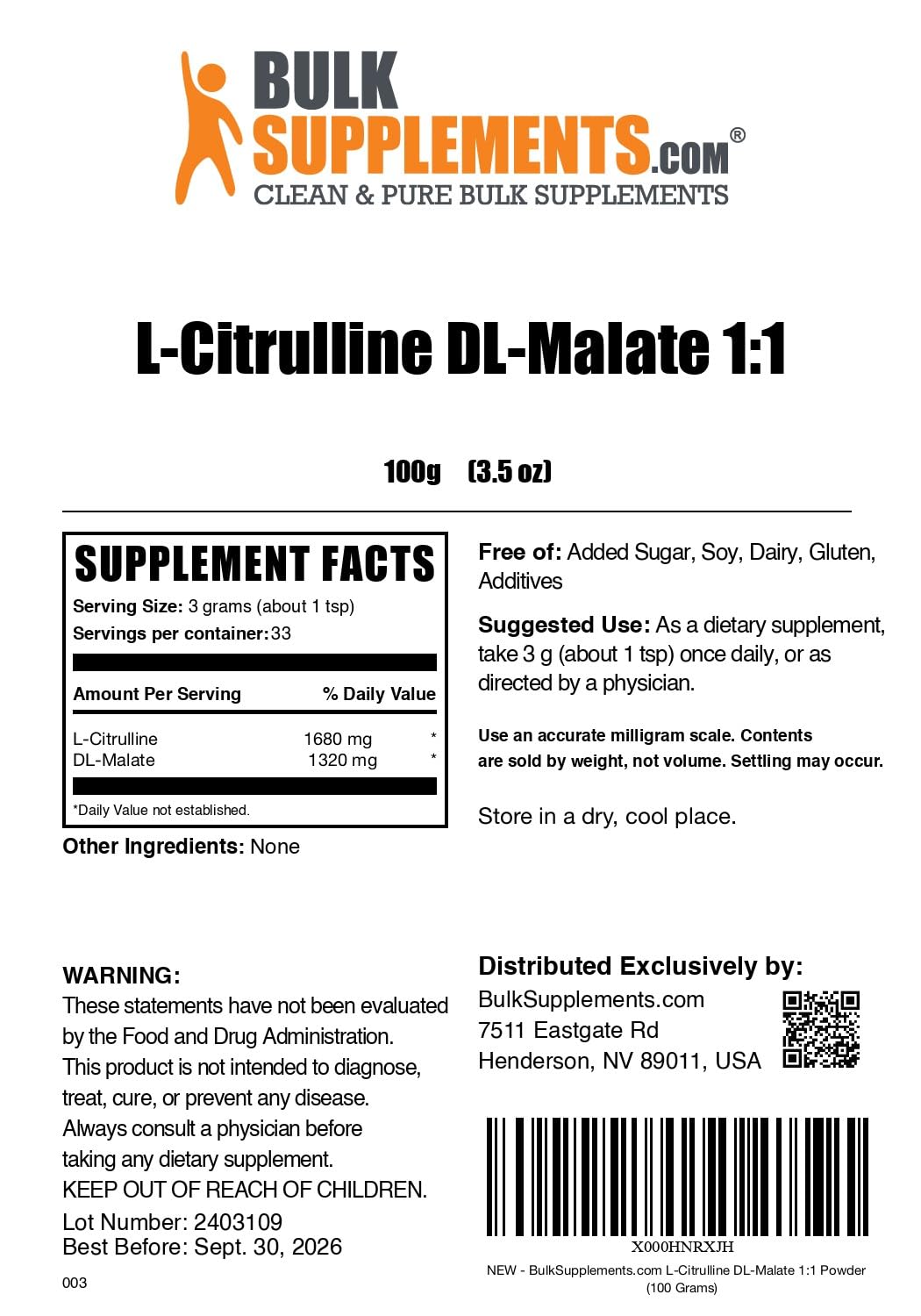 BulkSupplements L-Citrulline DL-Malate 1:1 Powder, 3.5 oz