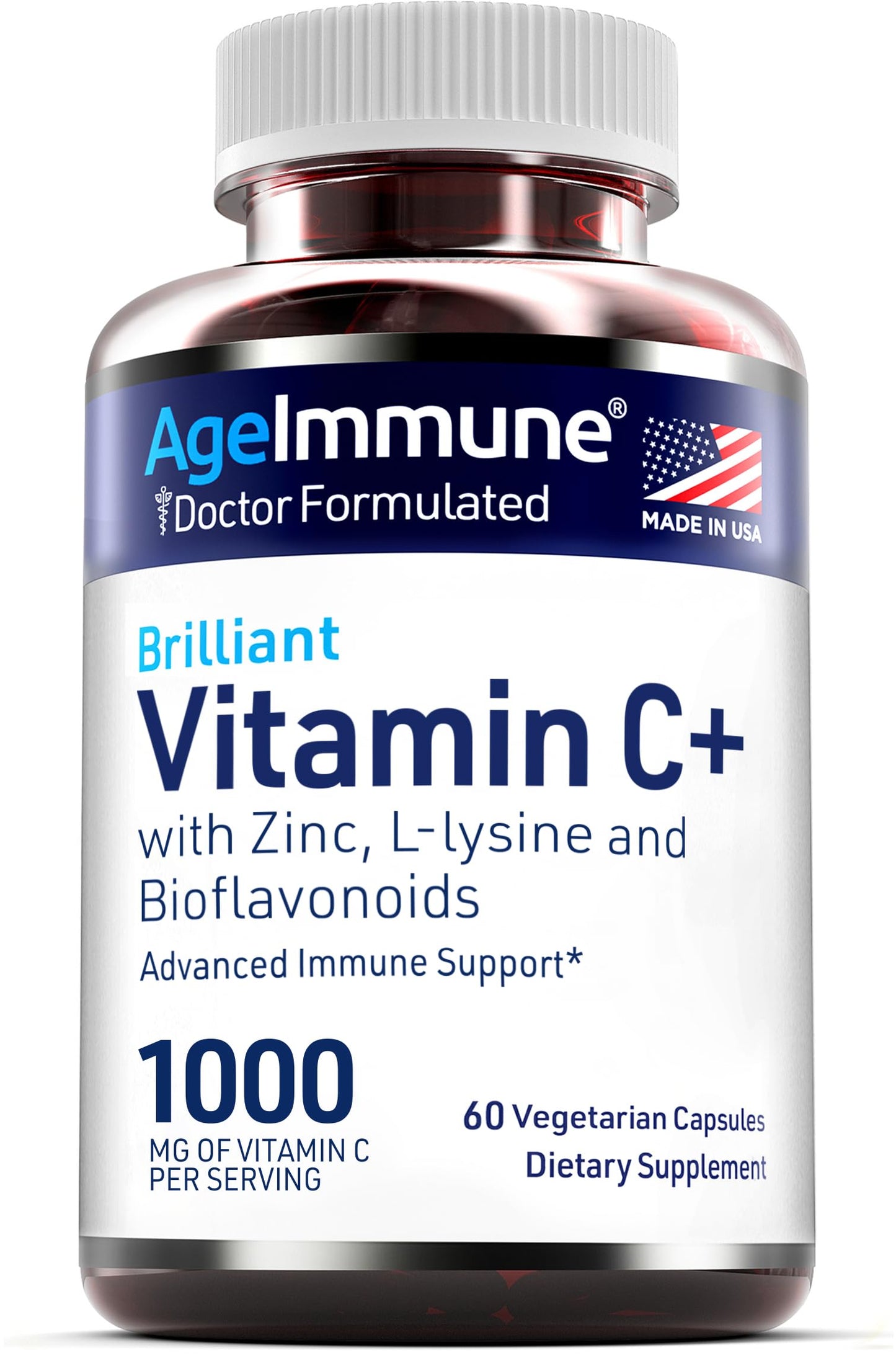 AgeImmune Vitamin C 1000mg Complex with L-Lysine 500mg, Zinc 12mg, Bioflavonoids 300mg Capsule, 60 Count
