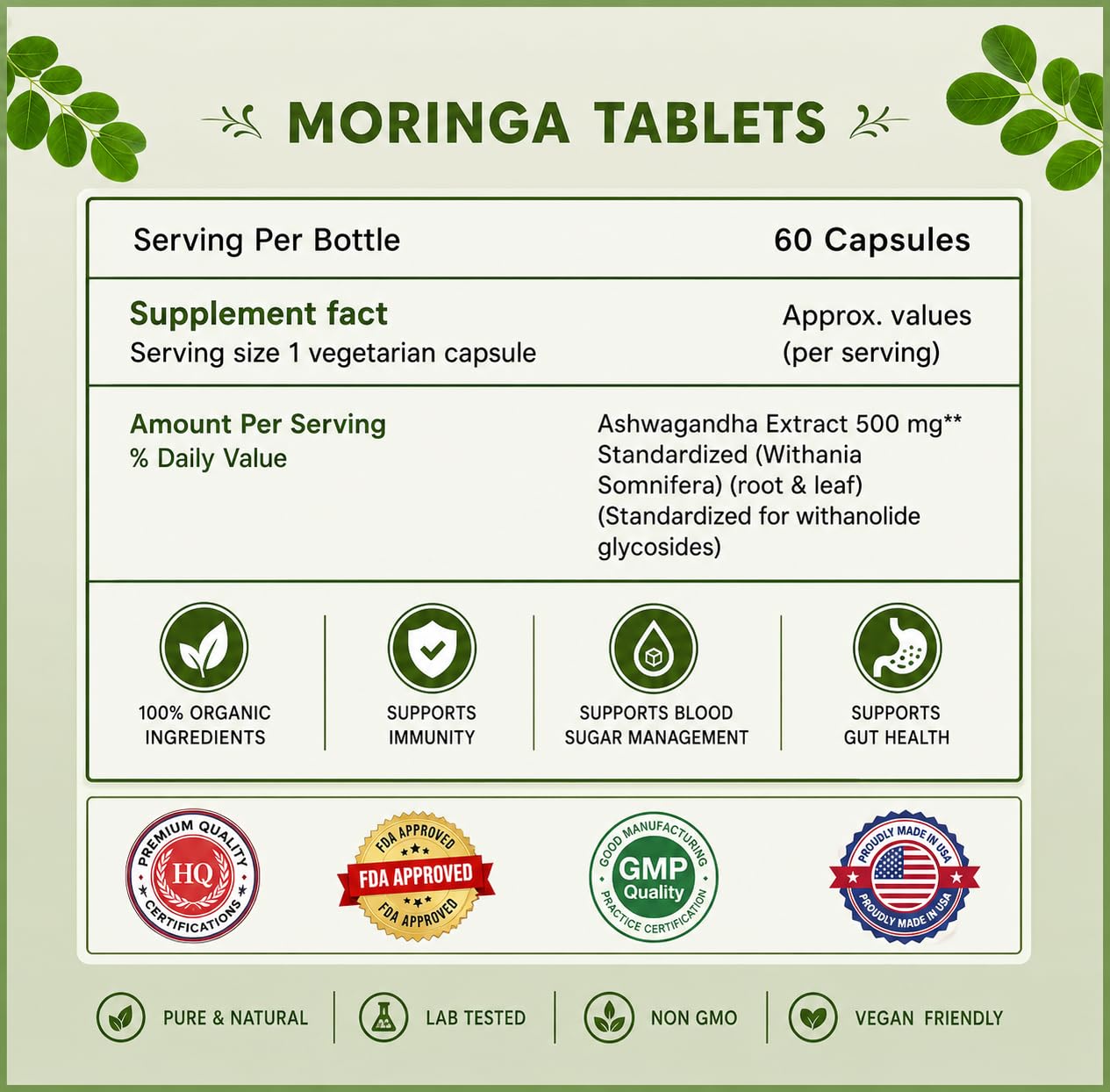 ZENVIA Organic Moringa Leaf Capsule 1000 mg, 60 Capsules