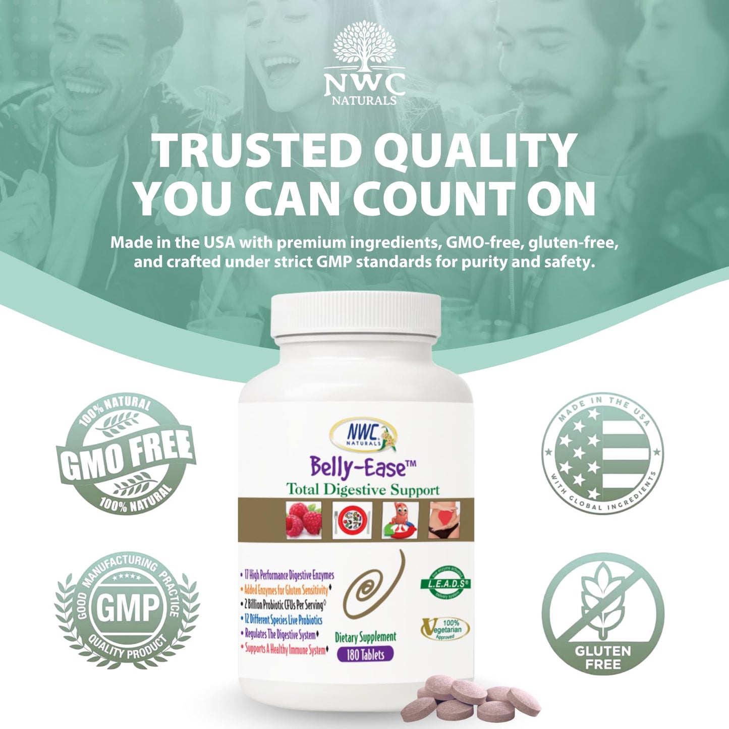 NWC Naturals Belly-Ease Healthy Digestive Enzymes Plus Prebiotics & Probiotics, Essential Enzymes, Vegetarian, Full Spectrum Digestive Solution, 180 Tablets