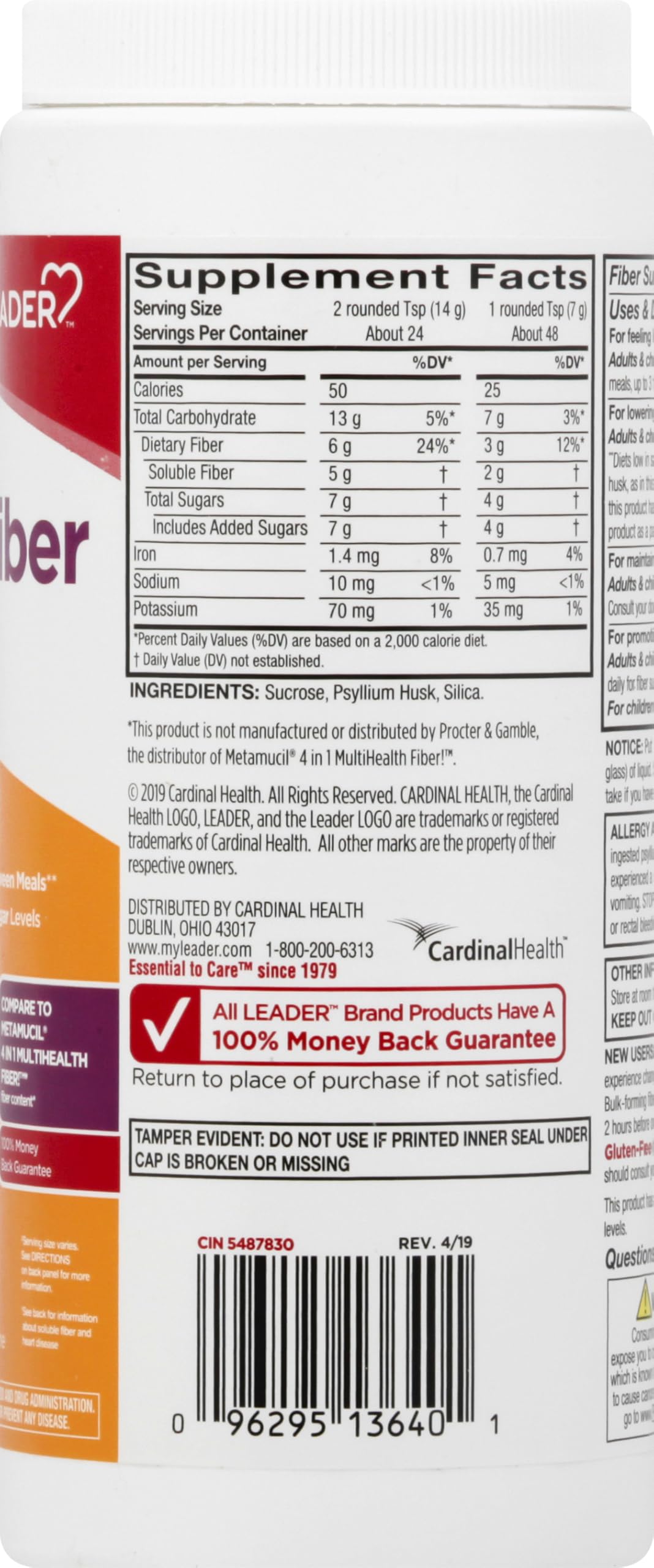 Leader Psyllium Husk Powder Supplement 4-in-1 Fiber for Digestive Health, 13 oz