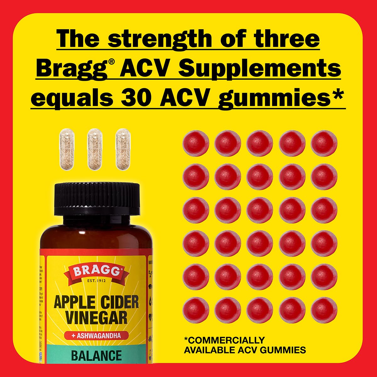 Bragg Apple Cider Vinegar Capsules with Vitamin D, Zinc, and Ashwagandha, 180 Capsules