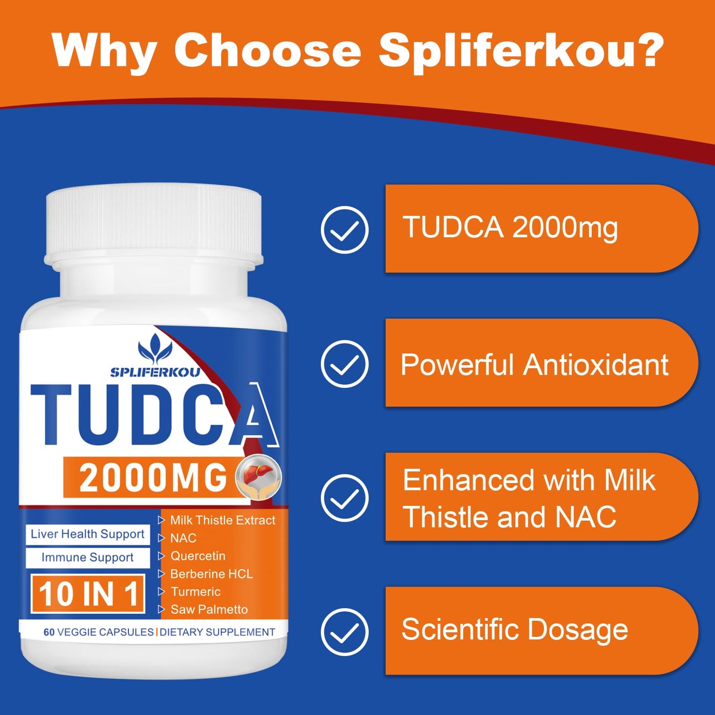 Spliferkou 2000mg Tudca Liver Support Capsule, 180 Capsules
