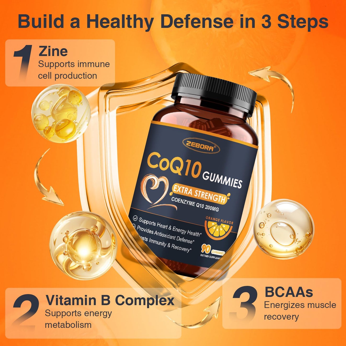 ZEBORA CoQ10 200mg Gummies, Coenzyme Q10 for Heart & Immune Health Support, Powerful Antioxidant, Boosts Energy, Natural Orange Flavor, Non-GMO, 90 Gummies