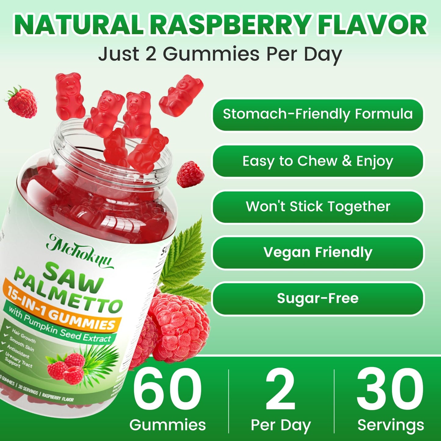 Mchokuu Saw Palmetto Gummies 600mg, Raspberry Flavor, Sugar Free, Non-GMO, 120 Count