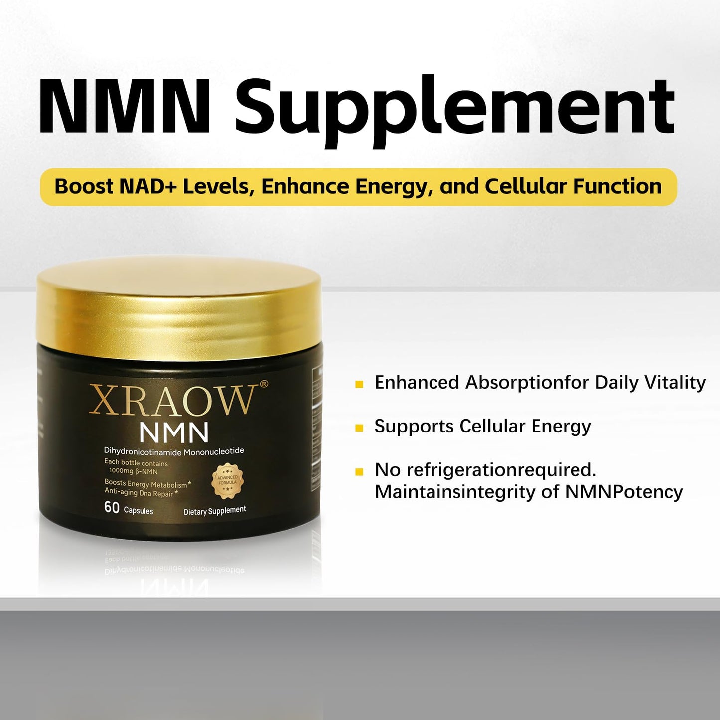 XRAOW NMN Supplement 1000mg, Resveratrol, CoQ10, Glutathione, Curcumin & Saffron Capsule, 60 Count