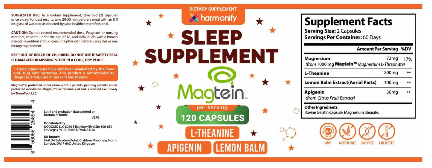 HARMONIFY Magtein Magnesium L-Threonate Supplement with L-Theanine, Lemon Balm and Apigenin, Capsule, 120 Count