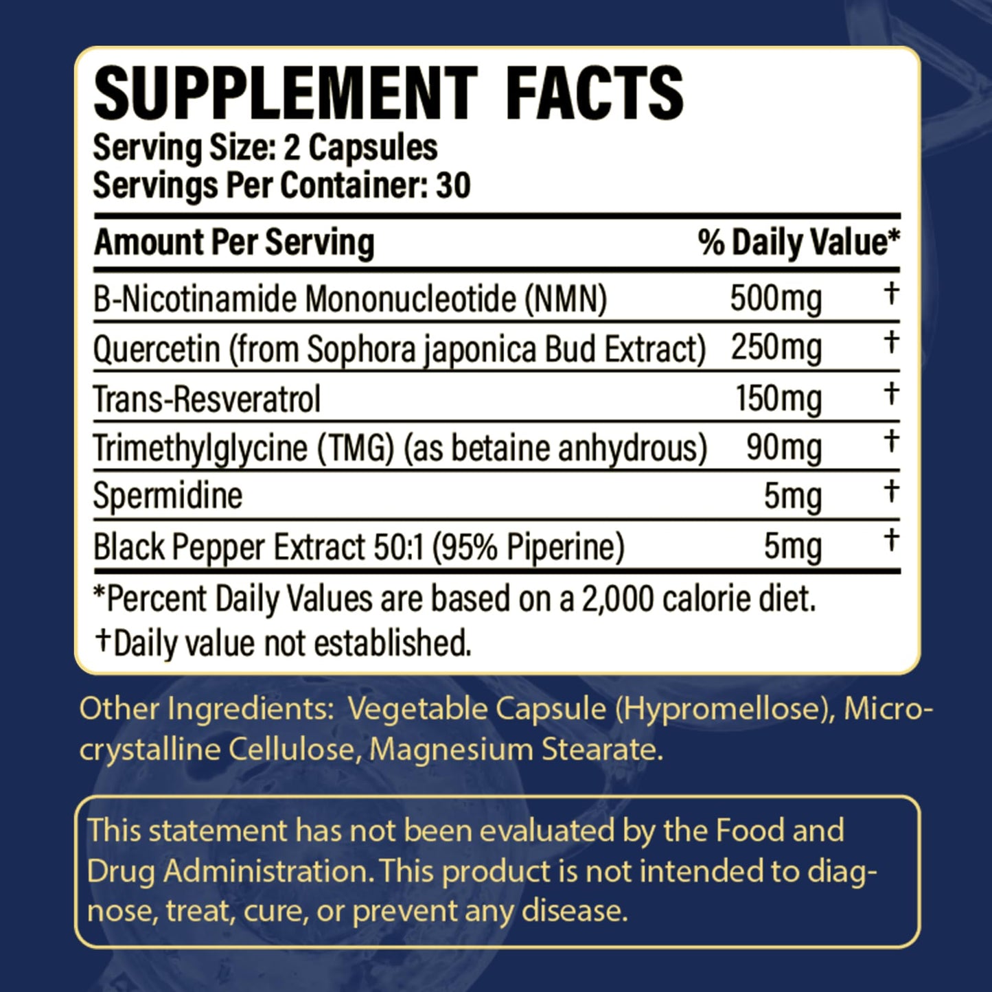 OUTELANDE NMN Supplement (Nicotinamide Mononucleotide) - 6-in-1 NAD Support with Quercetin, TMG, Resveratrol, Spermidine & Black Pepper Extract, Capsules, 60 Count