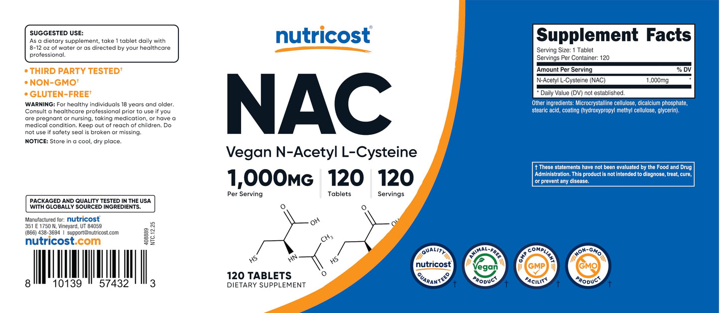 Nutricost N-Acetyl L-Cysteine (NAC) 1000 mg Tablets, 120 Count