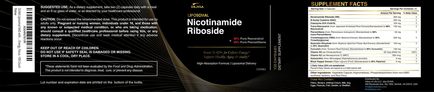 DLNIA NAD+ Supplement & NMN Alternative Liposomal Nicotinamide Riboside (NR) 1258 mg with Resveratrol, Quercetin, Pterostilbene & CoQ10, 1 Capsule