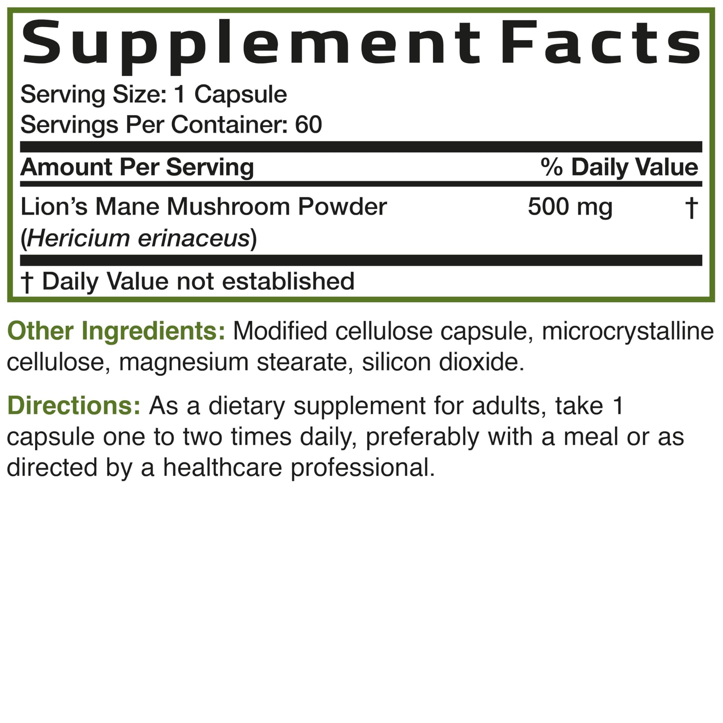 Bronson Lion's Mane Mushroom 500mg Hericium Erinaceus Non-GMO Capsules, 60 Count