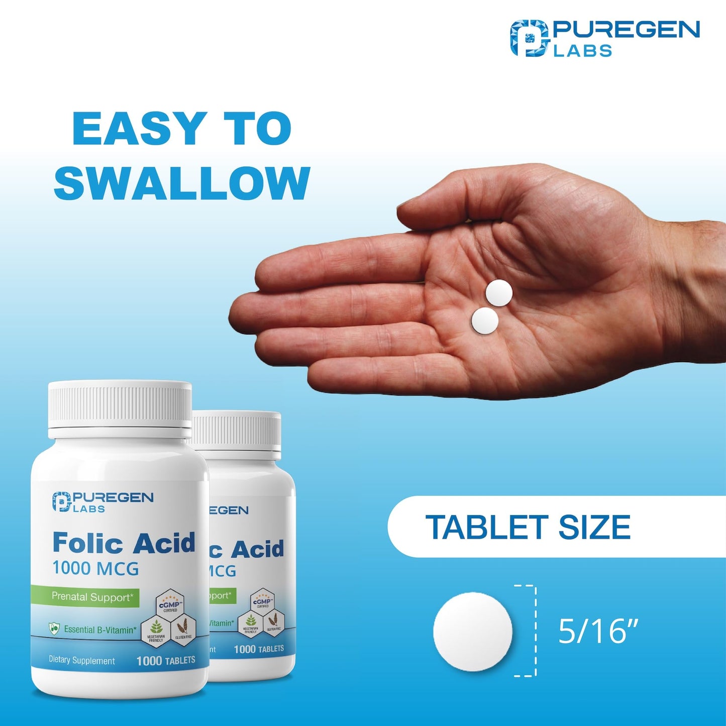 P Puregen Labs Folic Acid 1000 mcg Tablets, 1000 Count